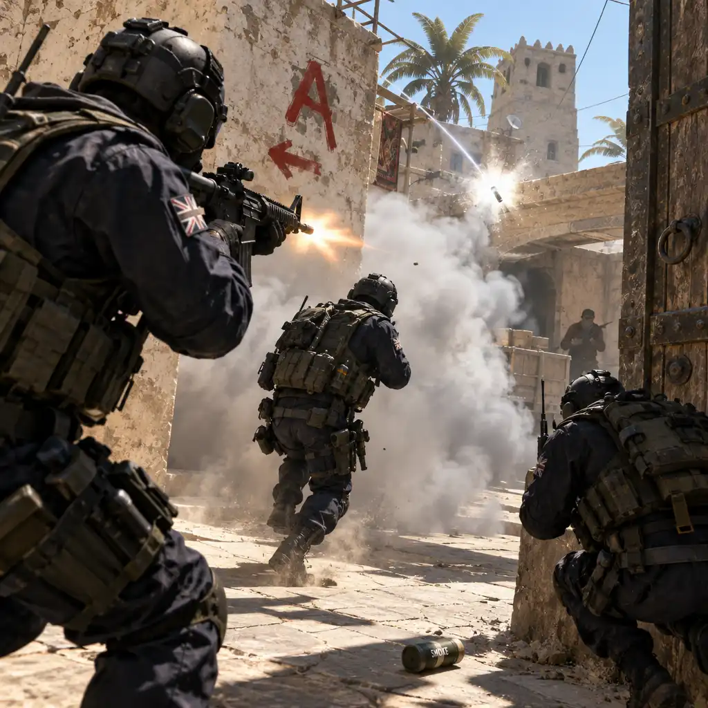 Drużyna antyterrorystów w Counter-Strike 2 przebija się przez zadymioną mapę z granatami błyskowymi