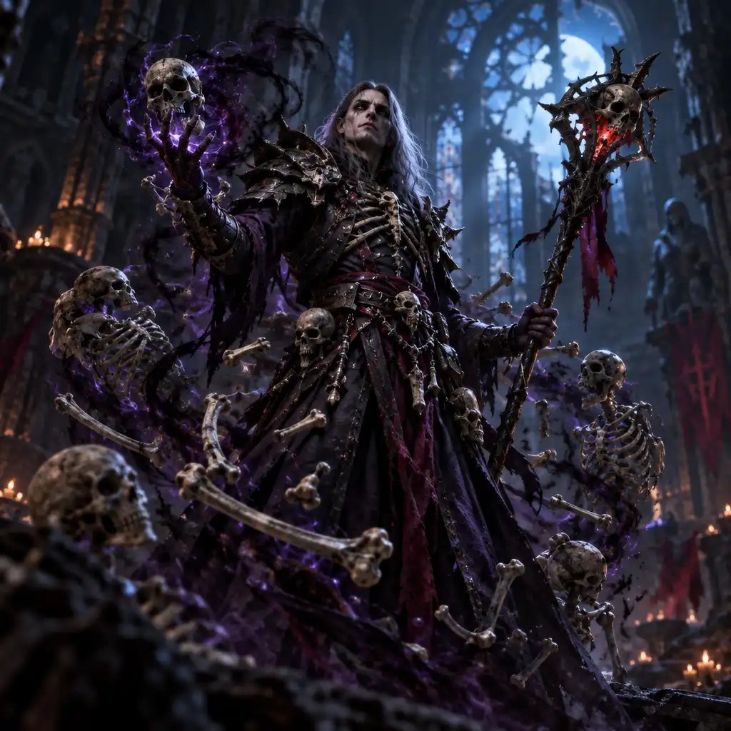 Nekromanta w Diablo IV otoczony wirującymi kośćmi i mroczną magią w zniszczonej katedrze
