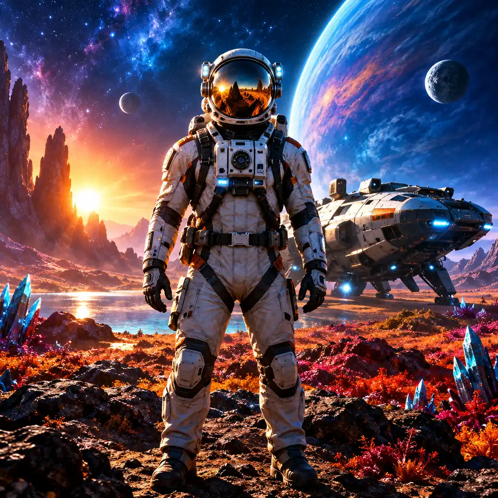 Astronauta na obcej planecie z statkiem kosmicznym w tle