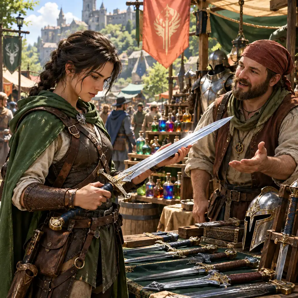Tętniący życiem targ fantasy z graczem oglądającym miecz u kupca