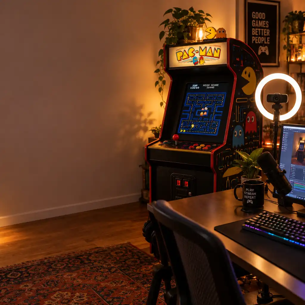 Automat arcade w nowoczesnym studiu streamingowym z kamerą i lampą