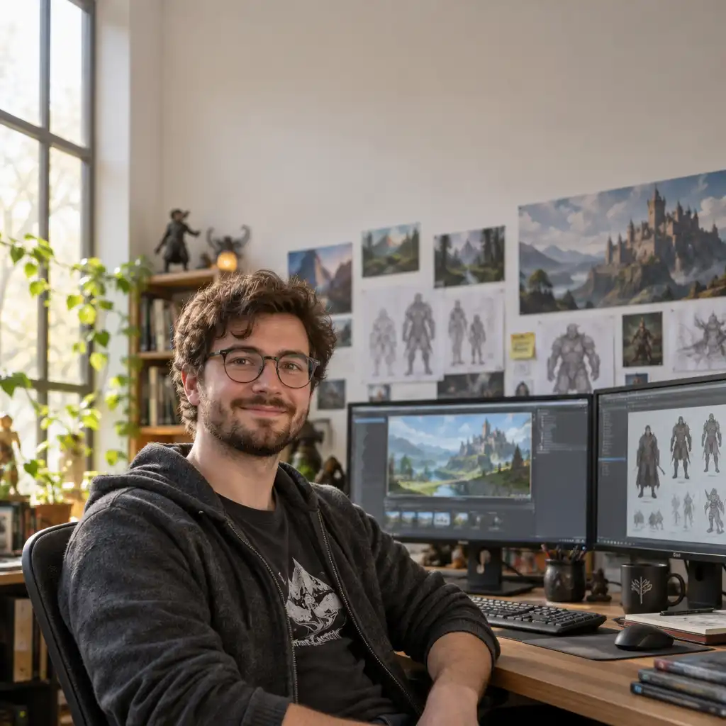 Portret twórcy gier w studiu otoczonym grafikami koncepcyjnymi