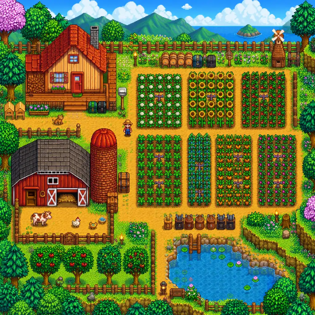 Kolorowa farma w Stardew Valley z rzędami upraw, stodołą i silosem pod jasnym błękitnym niebem