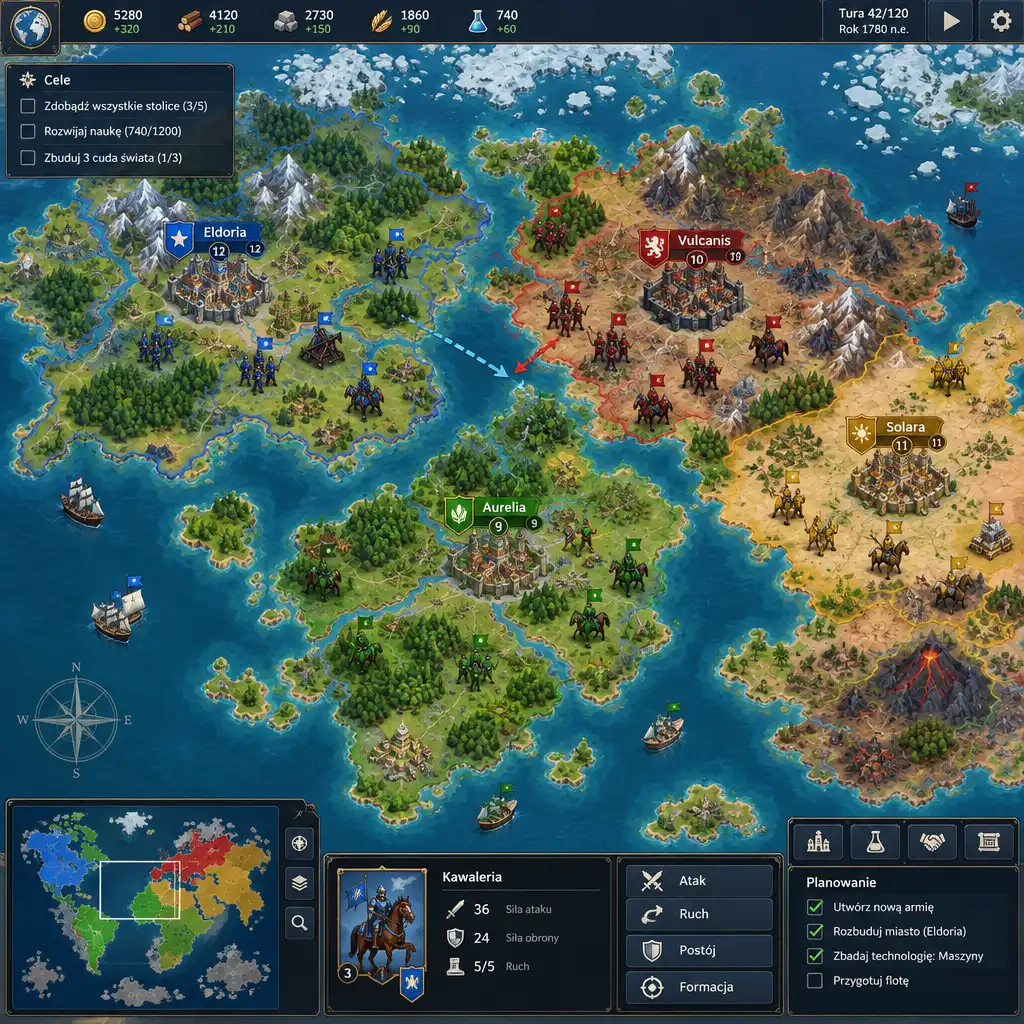 Mapa świata w grze strategicznej z jednostkami i planowaniem